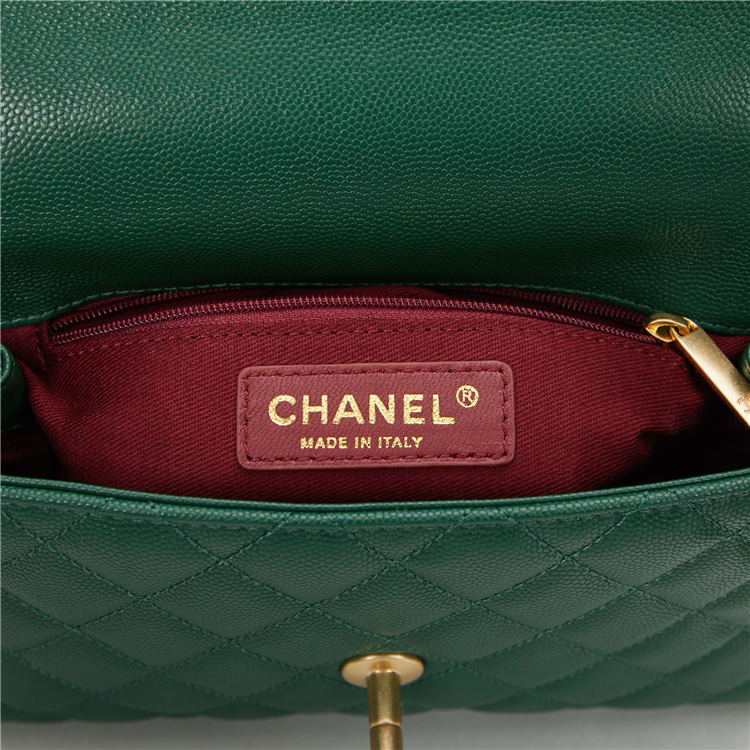 SMALL FLAP BAG WITH TOP HANDLE Grained Calfskin Green Gold Metal High