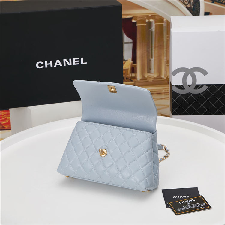 SMALL FLAP BAG WITH TOP HANDLE Grained Calfskin Light Blue Gold Metal High