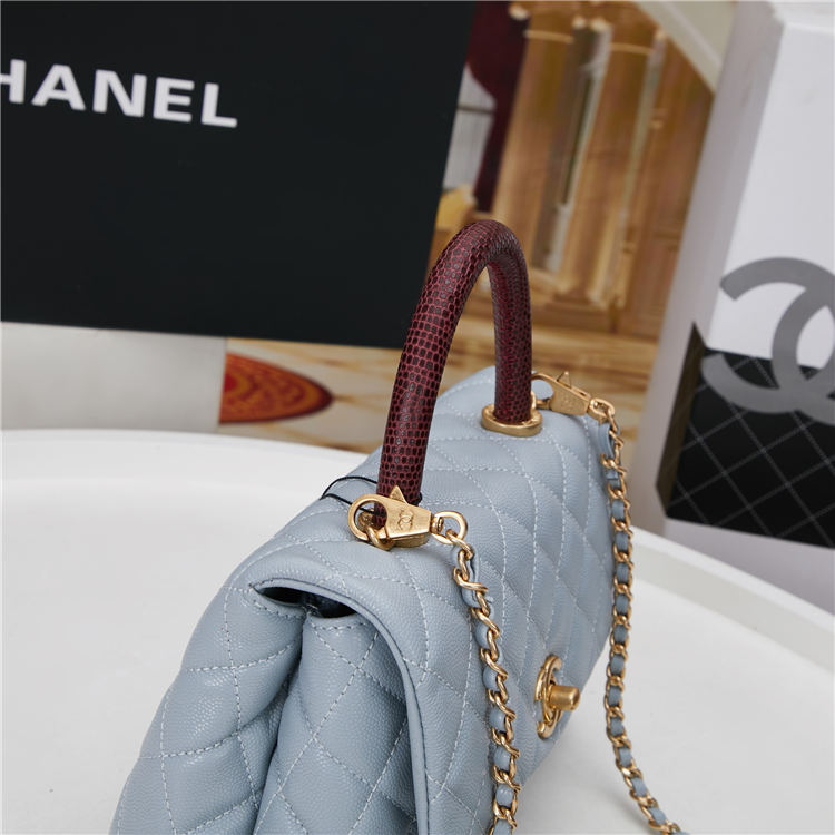 SMALL FLAP BAG WITH TOP HANDLE Grained Calfskin Light Blue Gold Metal High