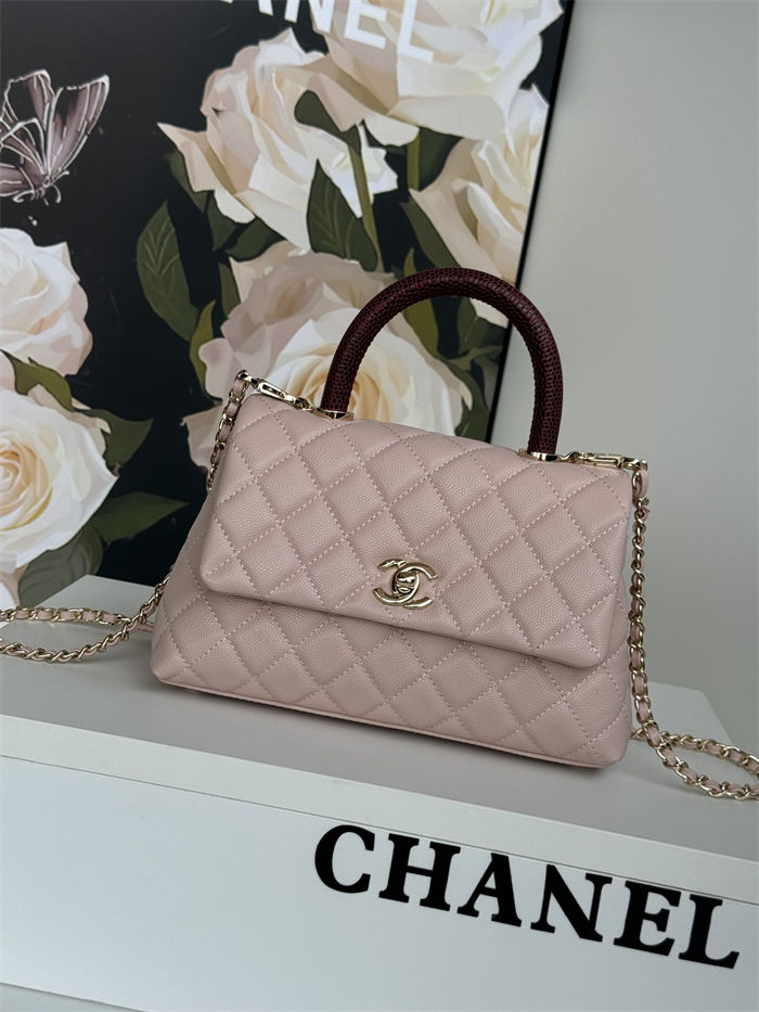 SMALL FLAP BAG WITH TOP HANDLE Grained Calfskin Pink Gold Metal High