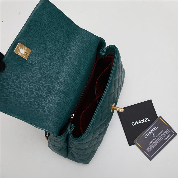 SMALL FLAP BAG WITH TOP HANDLE Grained Calfskin Olive Gold Metal High