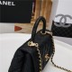 SMALL FLAP BAG WITH TOP HANDLE Grained Calfskin Black Gold Metal High