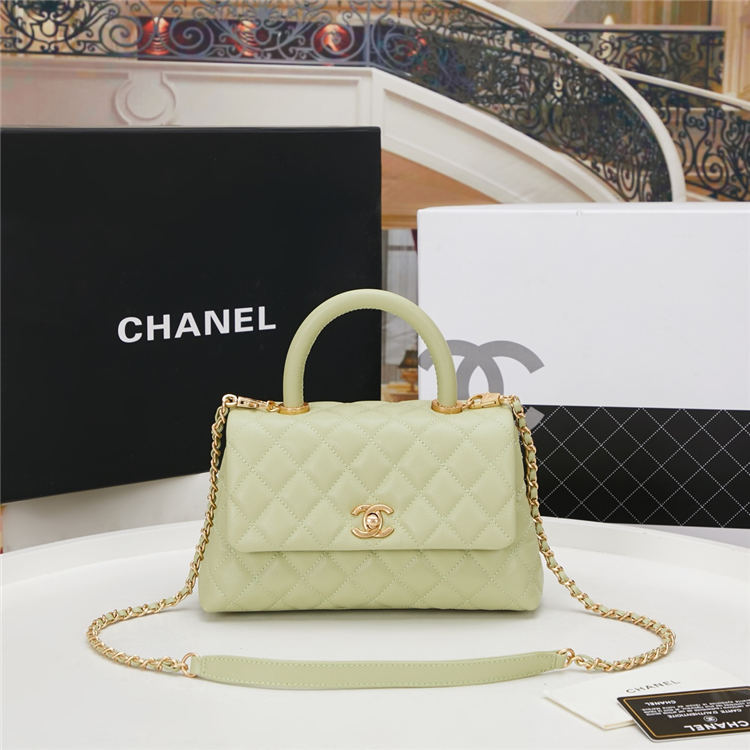 SMALL FLAP BAG WITH TOP HANDLE Grained Calfskin Green Gold Metal High