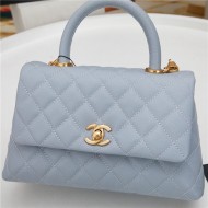 SMALL FLAP BAG WITH TOP HANDLE Grained Calfskin Light Blue Gold Metal High