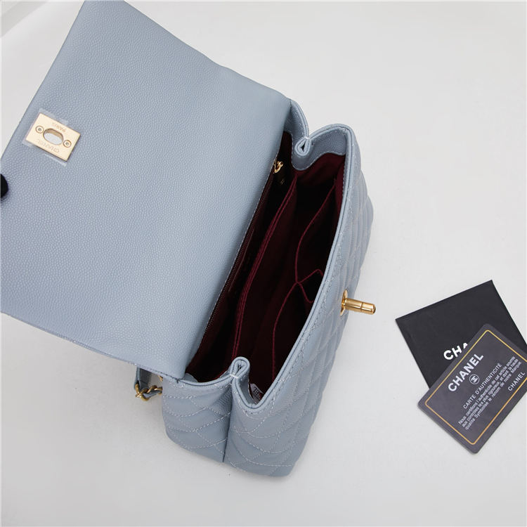 SMALL FLAP BAG WITH TOP HANDLE Grained Calfskin Light Blue Gold Metal High