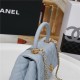 SMALL FLAP BAG WITH TOP HANDLE Grained Calfskin Light Blue Gold Metal High