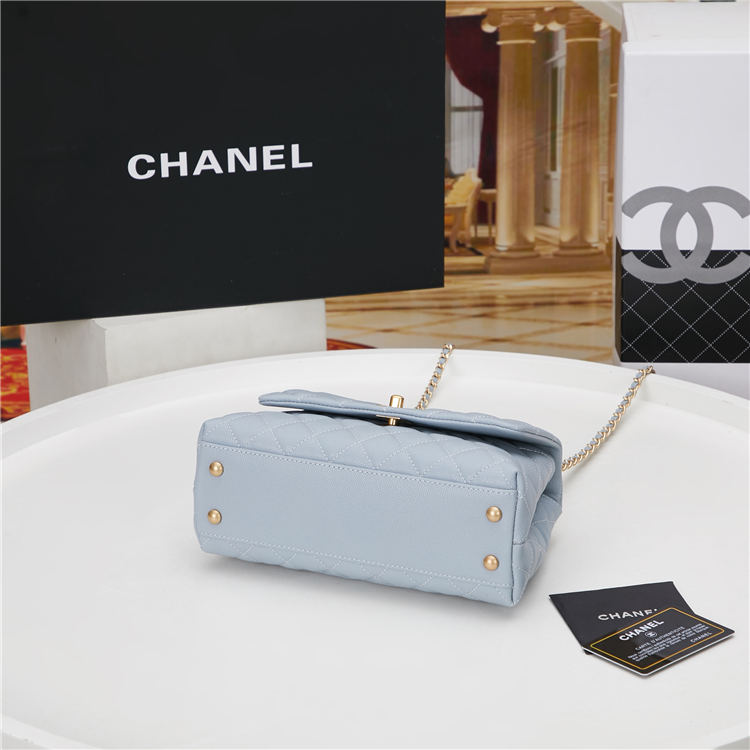 SMALL FLAP BAG WITH TOP HANDLE Grained Calfskin Light Blue Gold Metal High