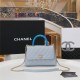 SMALL FLAP BAG WITH TOP HANDLE Grained Calfskin Light Blue Gold Metal High