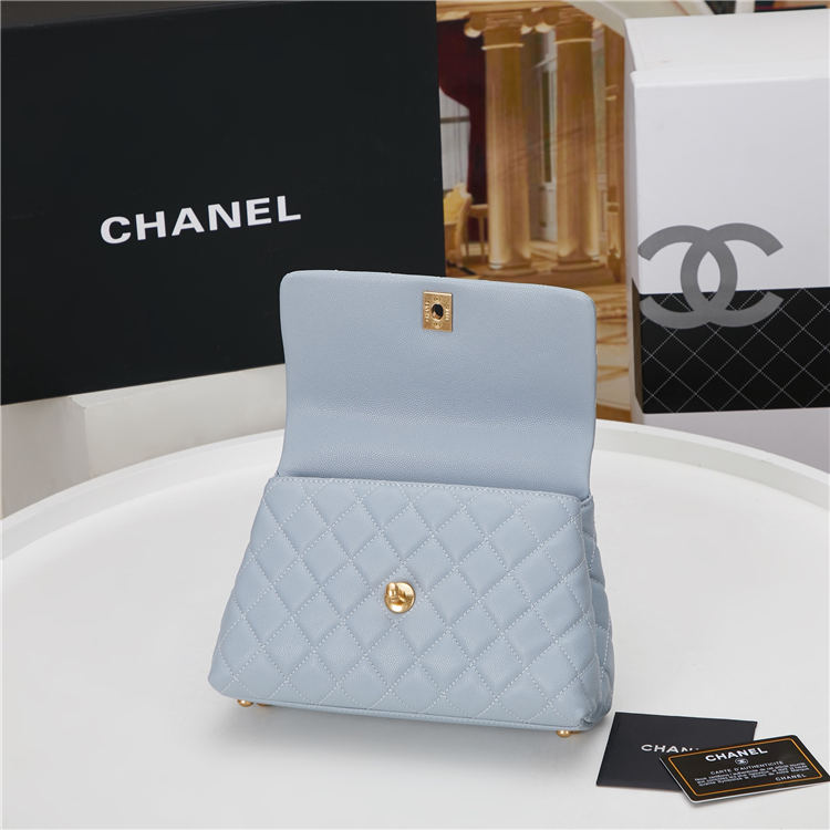 SMALL FLAP BAG WITH TOP HANDLE Grained Calfskin Light Blue Gold Metal High