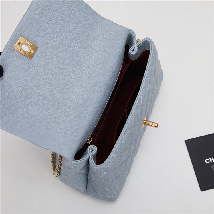 SMALL FLAP BAG WITH TOP HANDLE Grained Calfskin Light Blue Gold Metal High