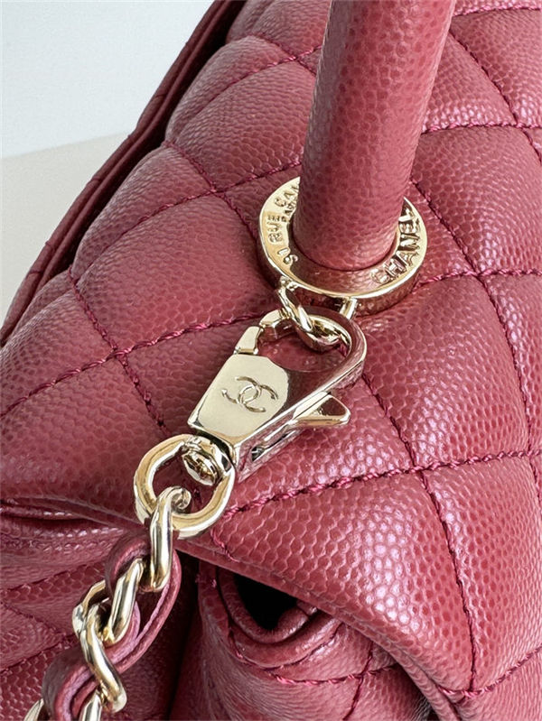 SMALL FLAP BAG WITH TOP HANDLE Grained Calfskin Burgundy Gold Metal High