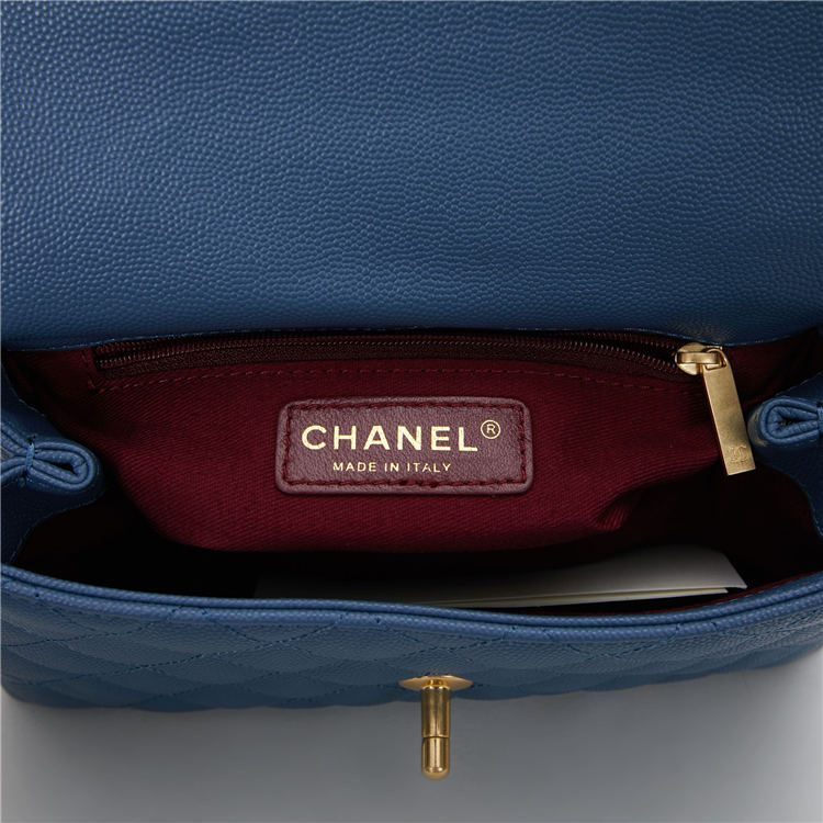 SMALL FLAP BAG WITH TOP HANDLE Grained Calfskin Blue Gold Metal High