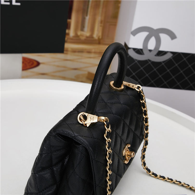 SMALL FLAP BAG WITH TOP HANDLE Grained Calfskin Black Gold Metal High