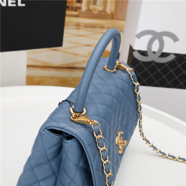 FLAP BAG WITH TOP HANDLE Grained Calfskin Blue Gold Metal High