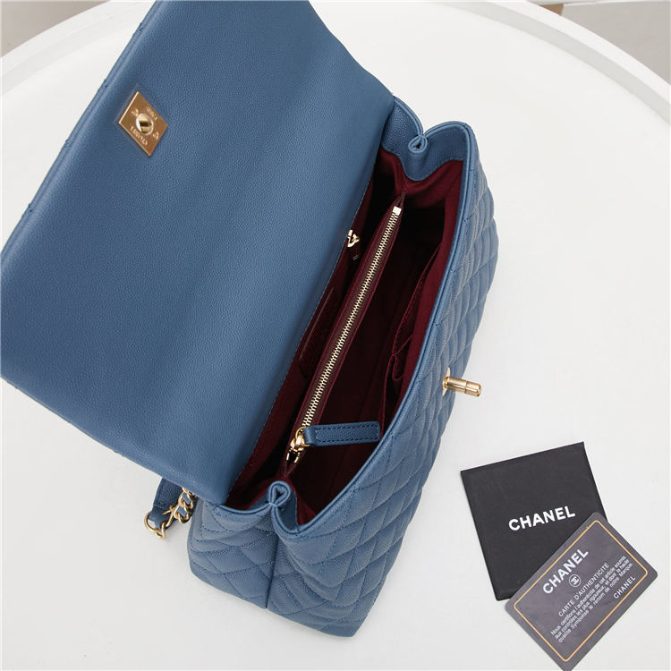 FLAP BAG WITH TOP HANDLE Grained Calfskin Blue Gold Metal High