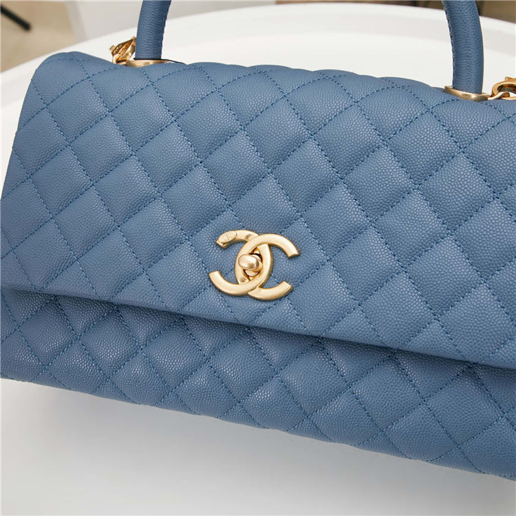 FLAP BAG WITH TOP HANDLE Grained Calfskin Blue Gold Metal High