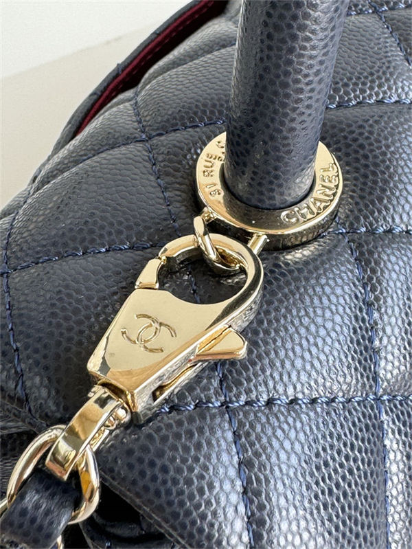 FLAP BAG WITH TOP HANDLE Grained Calfskin Navy Gold Metal High