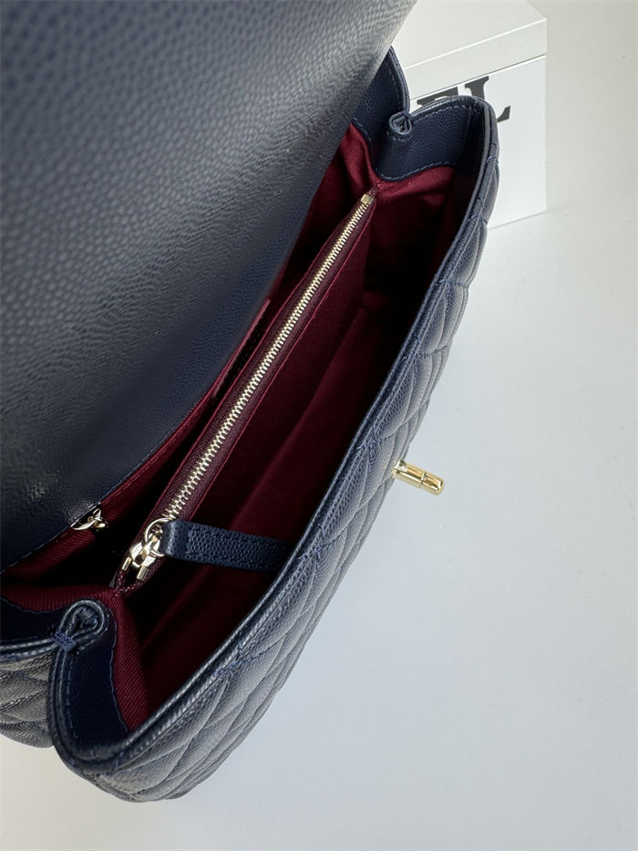 FLAP BAG WITH TOP HANDLE Grained Calfskin Navy Gold Metal High