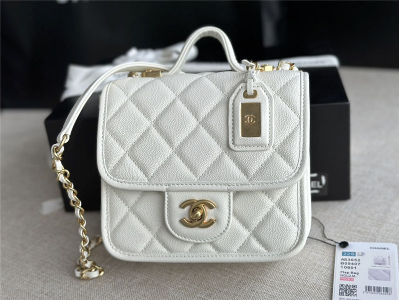 Chanel SMALL FLAP BAG WITH TOP HANDLE Grained Calfskin & Gold-Tone Metal AS3652 White A