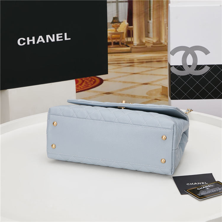 FLAP BAG WITH TOP HANDLE Grained Calfskin Light Blue Gold Metal High