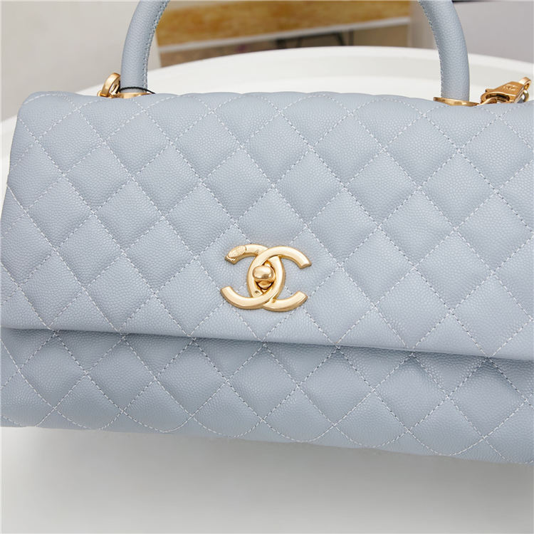 FLAP BAG WITH TOP HANDLE Grained Calfskin Light Blue Gold Metal High