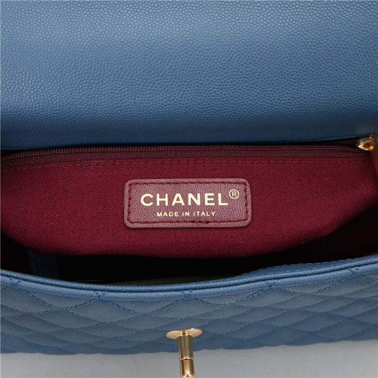 FLAP BAG WITH TOP HANDLE Grained Calfskin Blue Gold Metal High