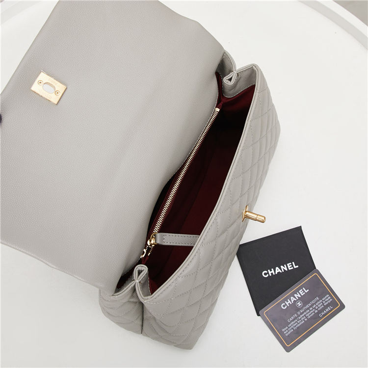 FLAP BAG WITH TOP HANDLE Grained Calfskin Grey Gold Metal High