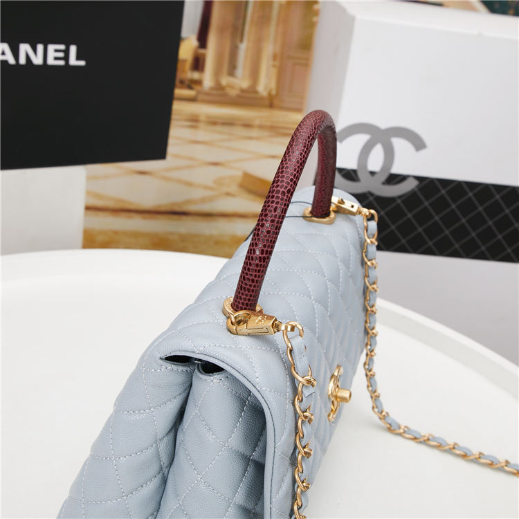 FLAP BAG WITH TOP HANDLE Grained Calfskin Light Blue Gold Metal High