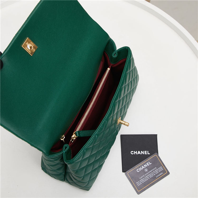 FLAP BAG WITH TOP HANDLE Grained Calfskin Green Gold Metal High