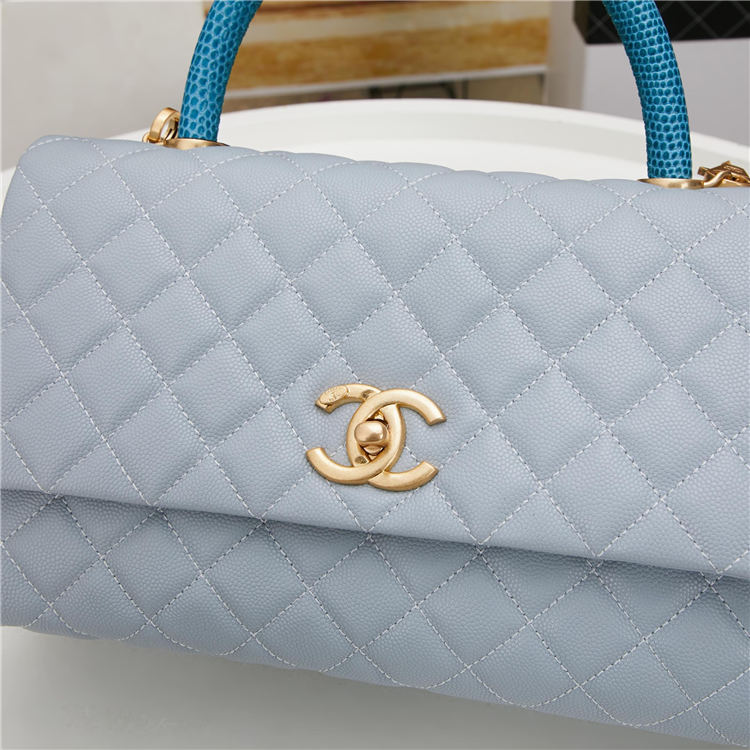 FLAP BAG WITH TOP HANDLE Grained Calfskin Light Blue Gold Metal High