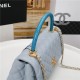 FLAP BAG WITH TOP HANDLE Grained Calfskin Light Blue Gold Metal High