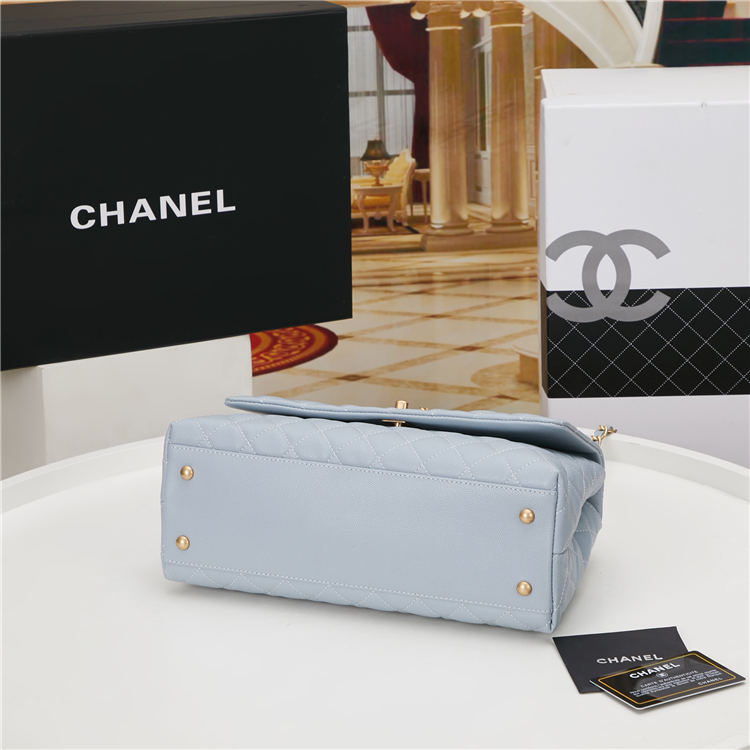 FLAP BAG WITH TOP HANDLE Grained Calfskin Light Blue Gold Metal High