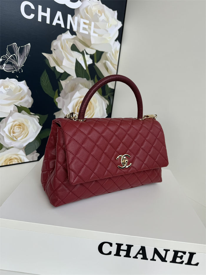 FLAP BAG WITH TOP HANDLE Grained Calfskin Burgundy Gold Metal High