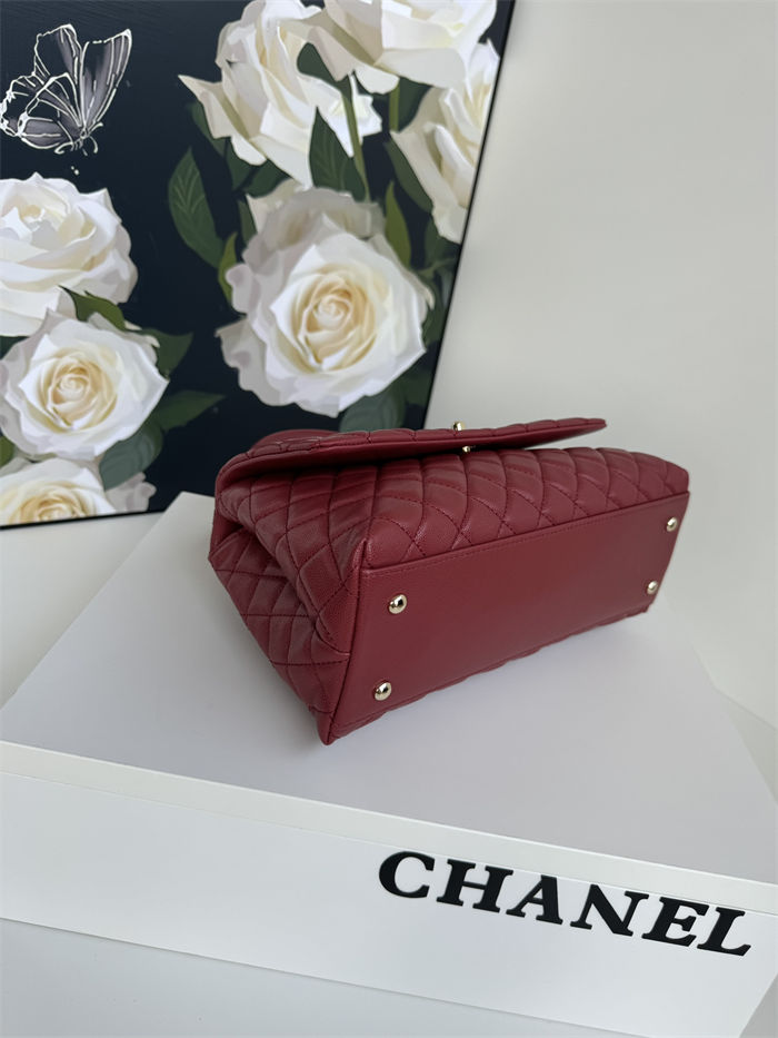 FLAP BAG WITH TOP HANDLE Grained Calfskin Burgundy Gold Metal High