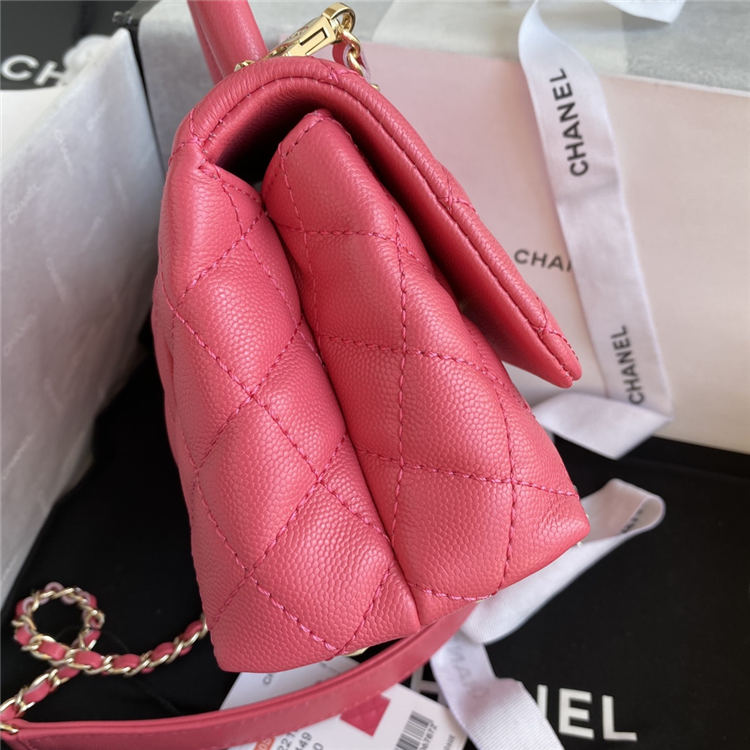 Mini FLAP BAG WITH TOP HANDLE Grained Calfskin Gold Metal Pink A