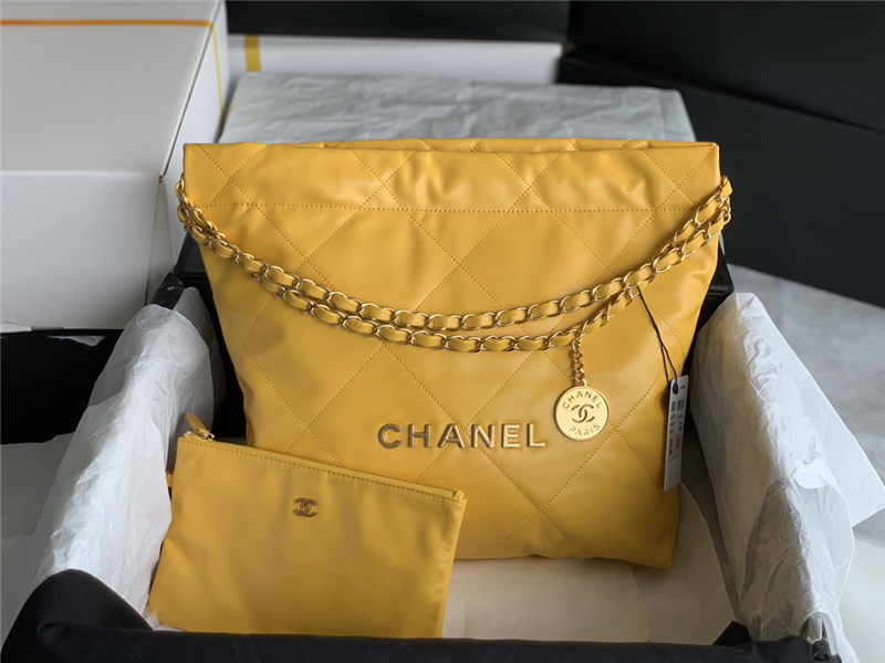 Chanel 22 SMALL HANDBAG Shiny Calfskin & Gold-Tone Metal AS3260 Yellow High