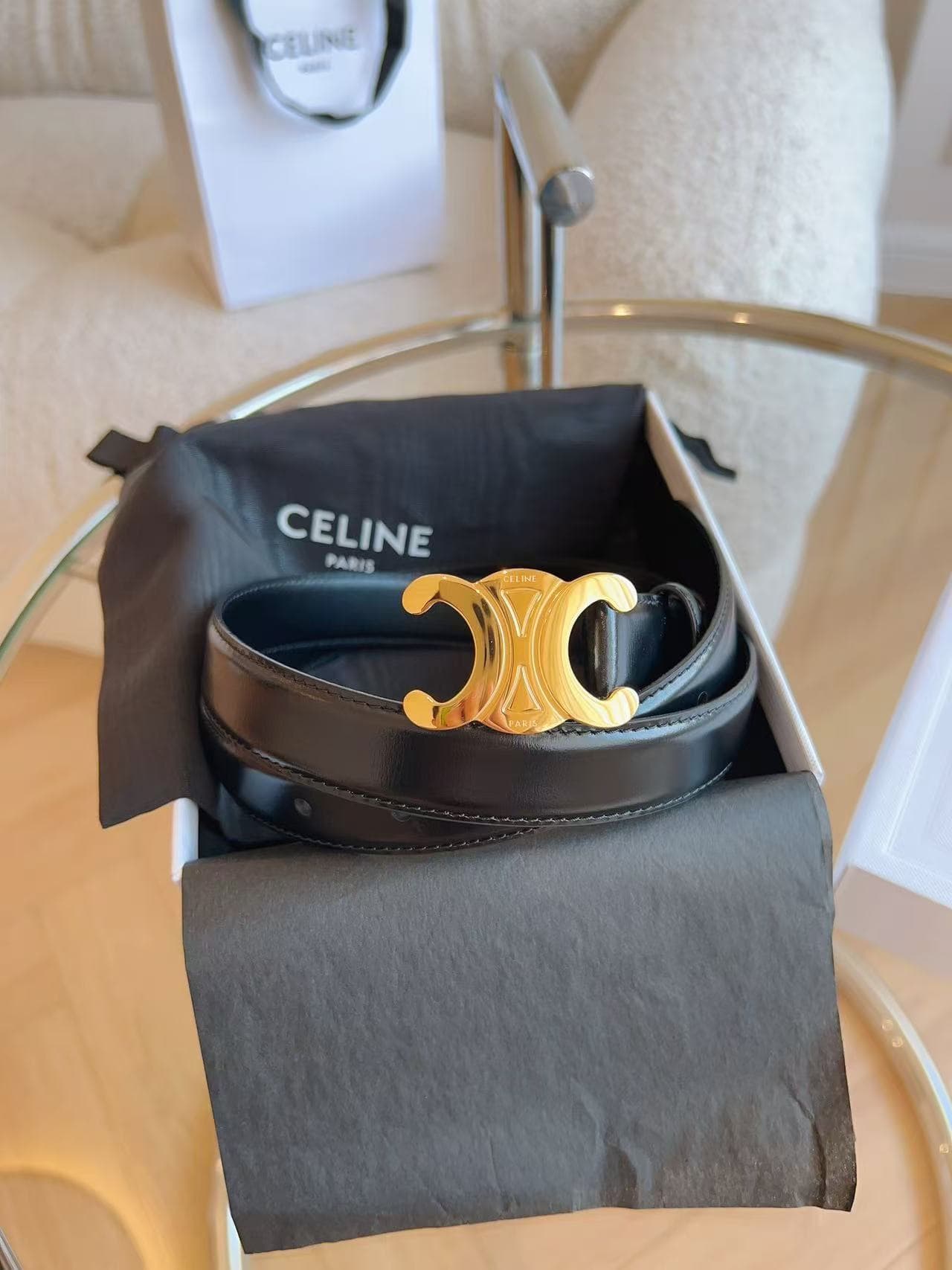 Celine MEDIUM TRIOMPHE BELT IN TAURILLON LEATHER 25MM Black Top