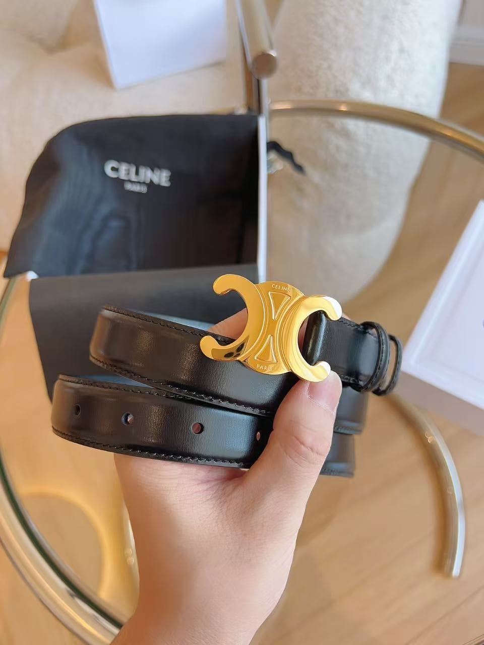 Celine MEDIUM TRIOMPHE BELT IN TAURILLON LEATHER 25MM Black Top