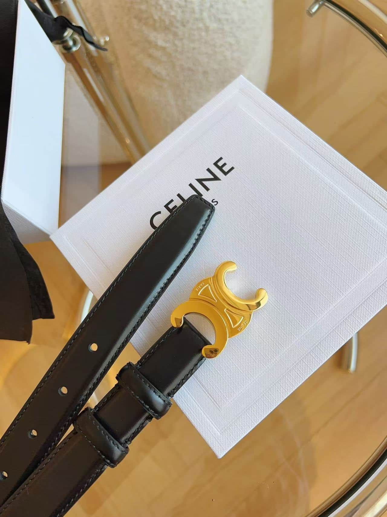 Celine MEDIUM TRIOMPHE BELT IN TAURILLON LEATHER 25MM Black Top