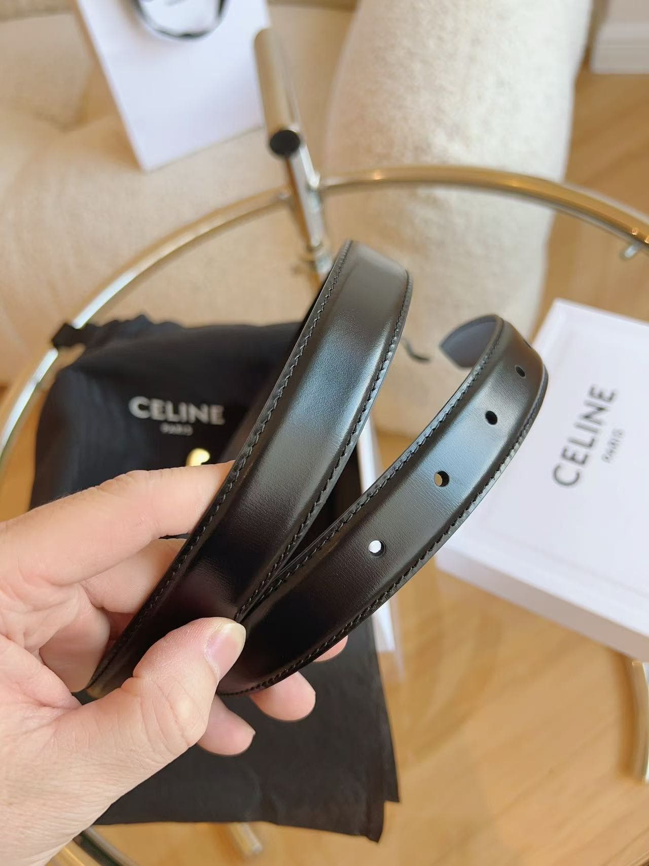 Celine MEDIUM TRIOMPHE BELT IN TAURILLON LEATHER 25MM Black Top