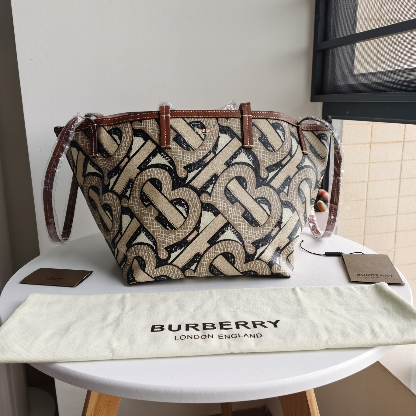 Mini Monogram Print E-canvas Beach Tote Dark Beige High