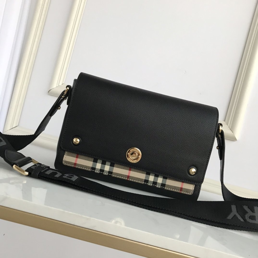 Leather and Vintage Check Note Crossbody Bag Black High