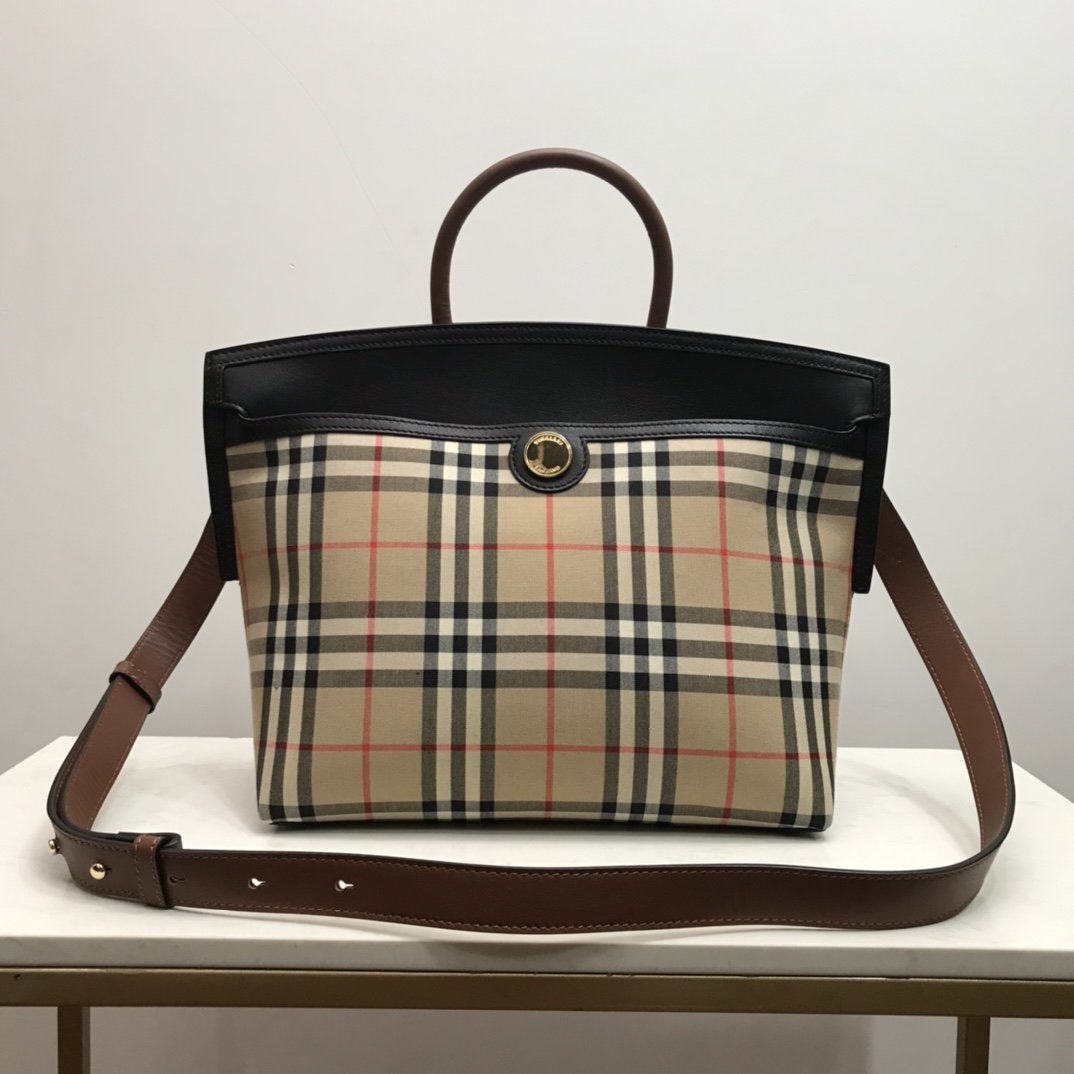 Small Vintage Check Society Top Handle Bag Archive Beige Black High