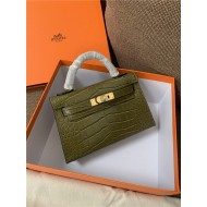 Hermes Kelly Mini II Bag Embossed Crocodile Leather WAX Silver/Gold Metal High