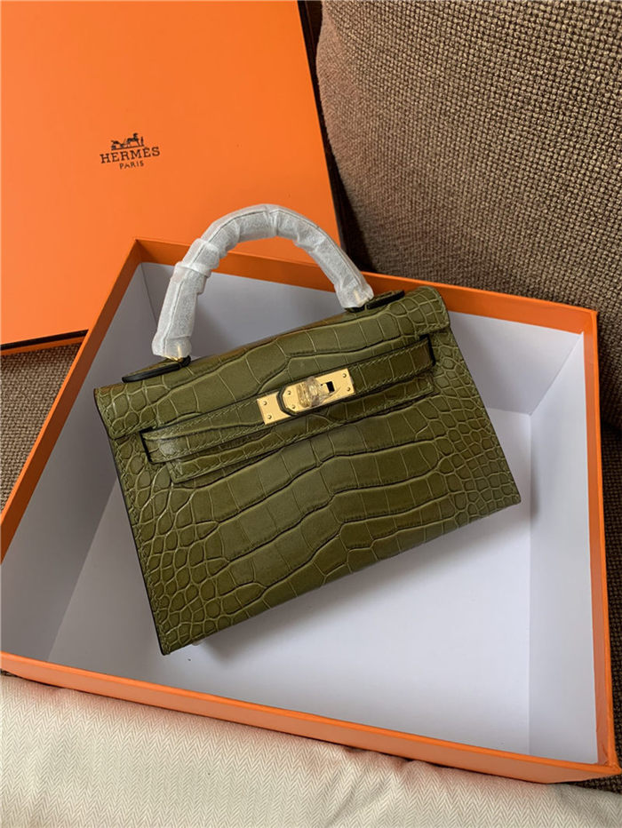 Hermes Kelly Mini II Bag Embossed Crocodile Leather WAX Silver/Gold Metal High