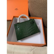 Hermes Kelly Mini II Bag Embossed Crocodile Leather WAX Silver/Gold Metal High