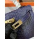 Hermes Kelly Mini II Bag Embossed Crocodile Leather WAX Silver/Gold Metal High