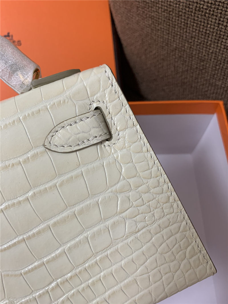 Hermes Kelly Mini II Bag Embossed Crocodile Leather WAX Silver/Gold Metal High