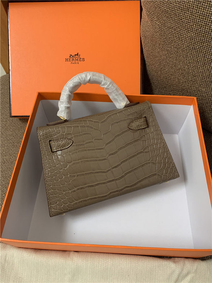 Hermes Kelly Mini II Bag Embossed Crocodile Leather WAX Silver/Gold Metal High