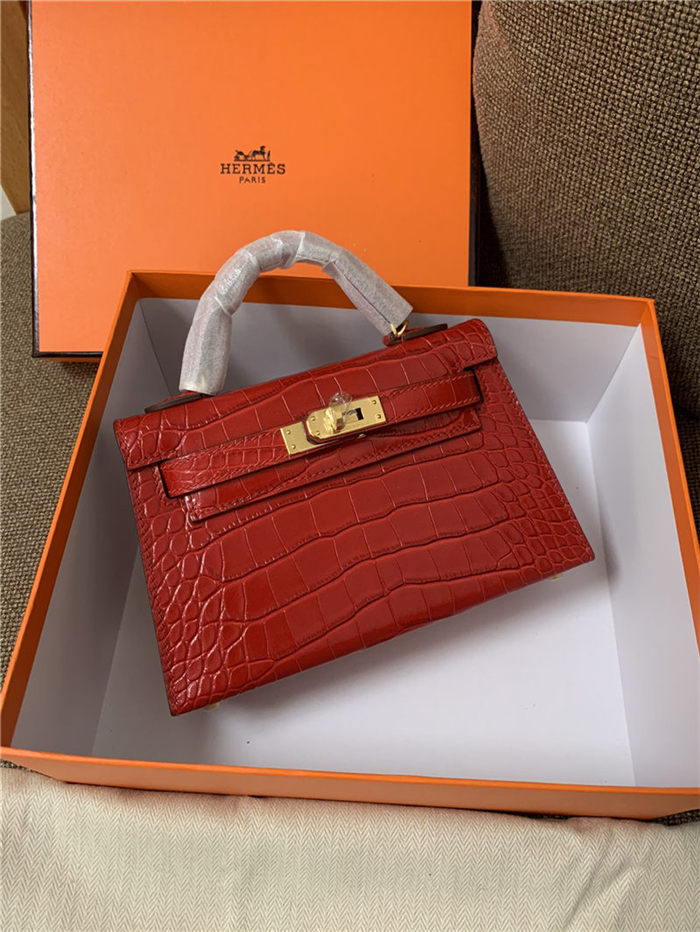 Hermes Kelly Mini II Bag Embossed Crocodile Leather WAX Silver/Gold Metal High